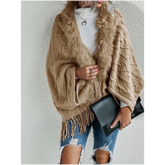 Cozy khaki Vegan Fur Tassel Hem Open Front Cardigan - Picture 6 of 13
